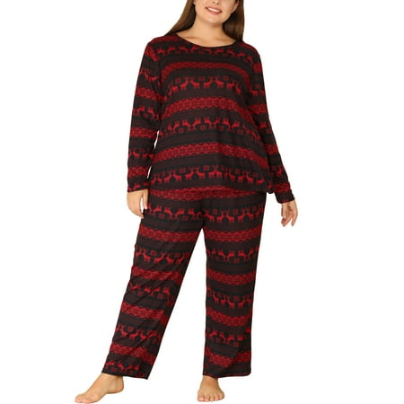 Agnes Orinda Women's Plus Size Long Sleeve Christmas Pattern Pajama Set