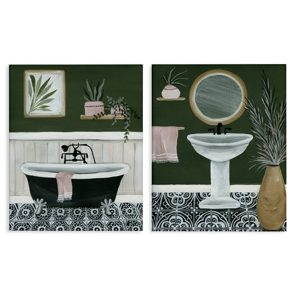 Stupell Industries Inviting Bold Green Bathroom Bath & Laundry Painting Wrapped Canvas Art Print Wall Art, 16 x 20, Set of 2