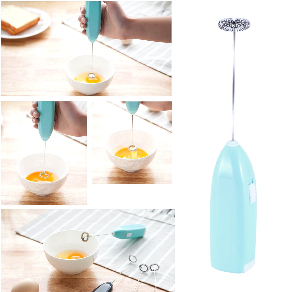 Electric Handheld Egg Beater Home Use Kitchen Mini Whisk Stainless Steel  Blender Mixer for Coffee, Drinks, Egg, Battery not Included by FUNZON (Blue)