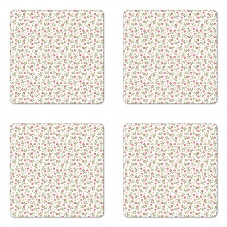 

Floral Coaster Set of 4 Top View and Side View of Rosebuds and Falling Green Leaves on a Plain Background Square Hardboard Gloss Coasters Standard Size Multicolor by Ambesonne