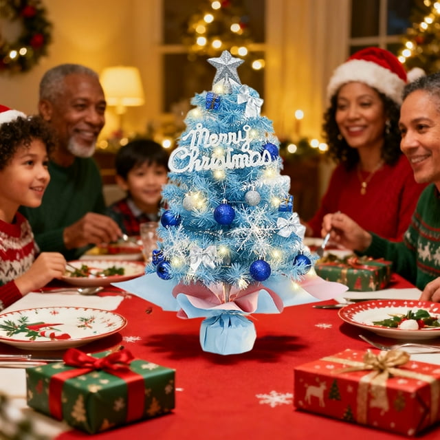 Árbol de Navidad de mesa artificial de 17 pulgadas | Mini árbol de Navidad azul con adornos, luces LED, adorno de estrellas | Decoración de escritorio para interiores navideños en casa, oficina