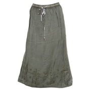 Mogul Women's Green Skirt Stonewashed Embroidered A-line Skirts