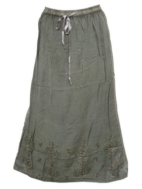 Mogul Women's Green Skirt Stonewashed Embroidered A-line Skirts