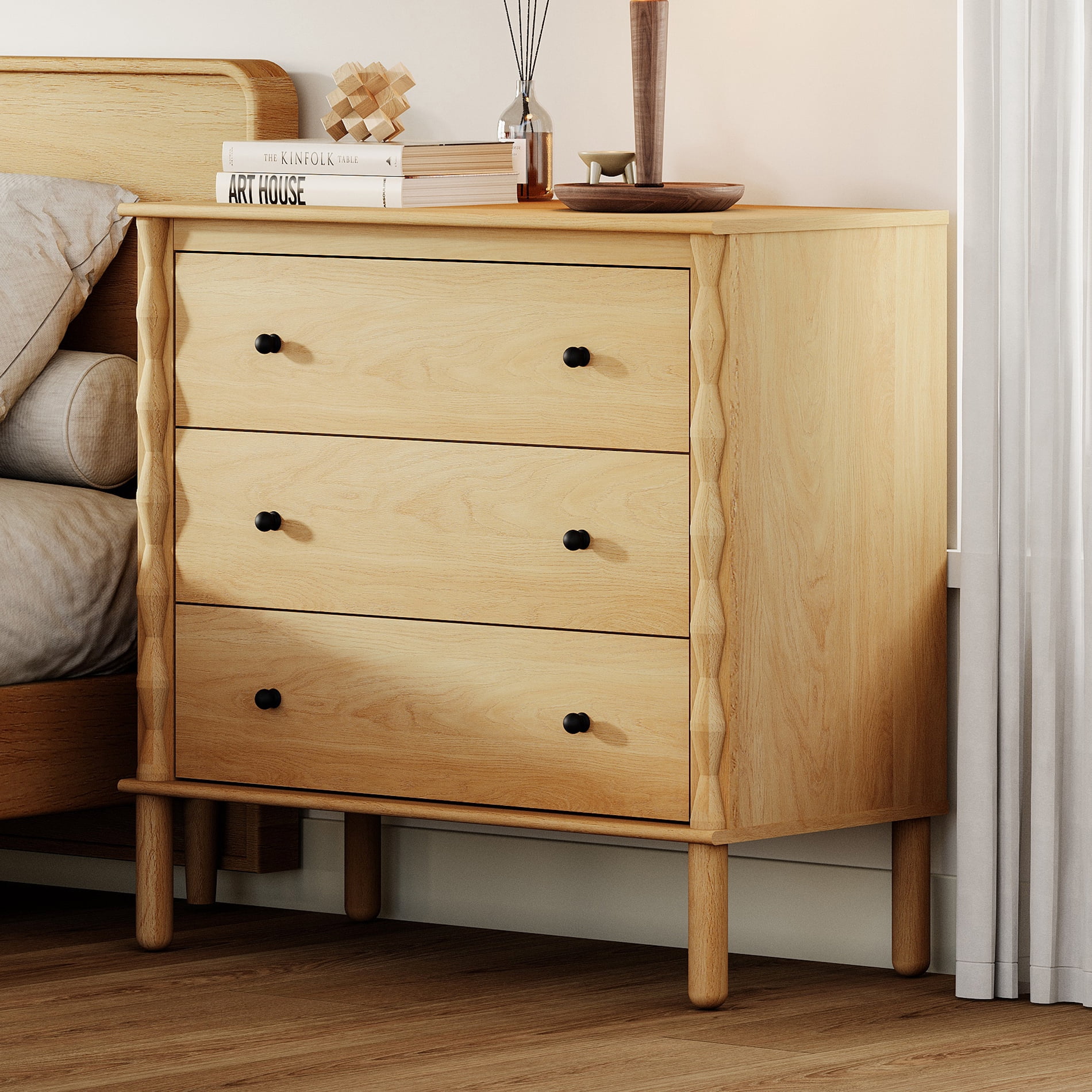 WAMPAT Nightstand with 3 Drawer，Solid Wood & Hand‑Carved Design Bedside Table for Bedroom,Oak