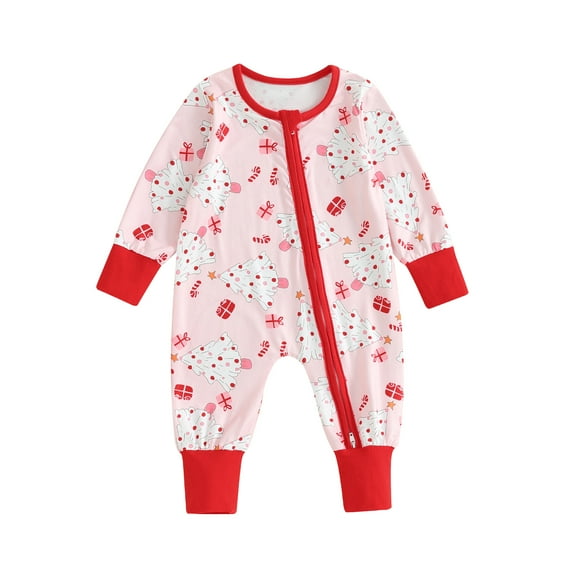 Elippeo Baby Girls Boys Rompers Christmas Clothes 3M 6M 12M 18M Patchwork Christmas Tree Print Zipper Long Sleeve Jumpsuits Toddler Fall Bodysuits
