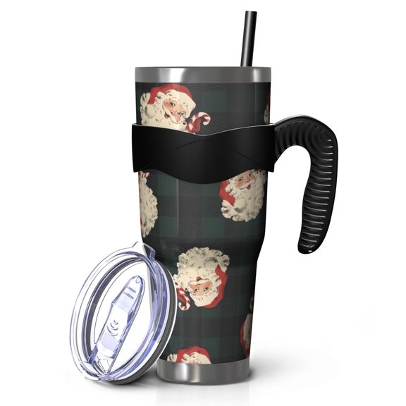 40oz Tumbler,Green and Black Christmas Plaid Santa Pattern Insulated Tumblers with Removable Handle,Stainless Steel Double Vacuum Coffee Tumbler Cup with Straw for Home,Office,Travel,Party