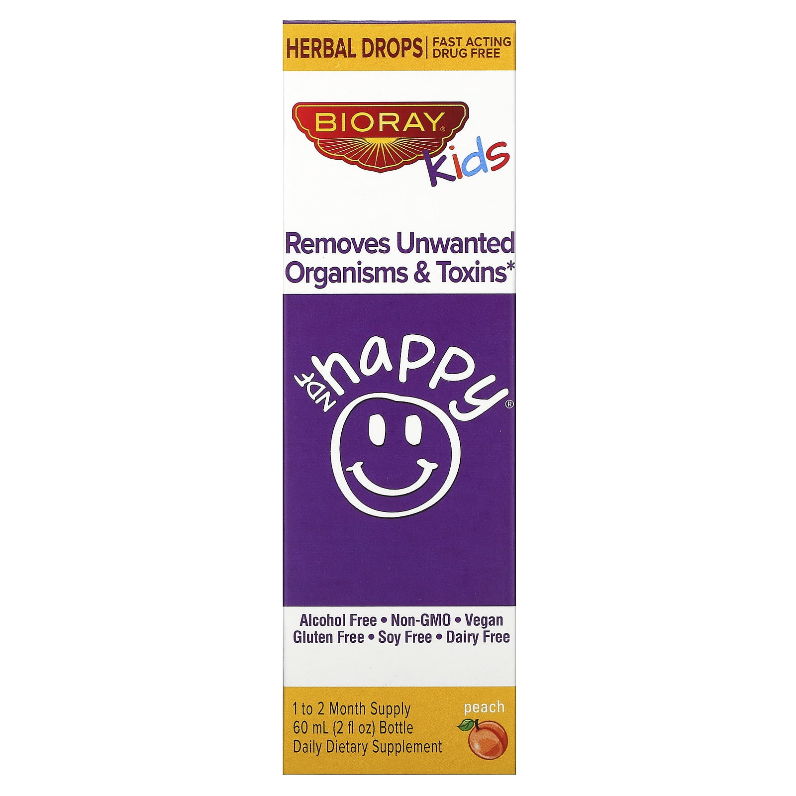 NDF Happy, Removes Unwanted Organisms & Toxins, Kids, Peach Flavor, 2 fl oz. (60 ml), Bioray