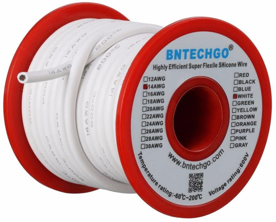 BNTECHGO 24 Gauge Silicone Wire Spool White 50 ft Ultra Flexible High Temp 200 deg C 600V 24AWG Silicone Rubber Wire 40 Strands of Tinned Copper Wire Stranded Wire for Model Low Impedance