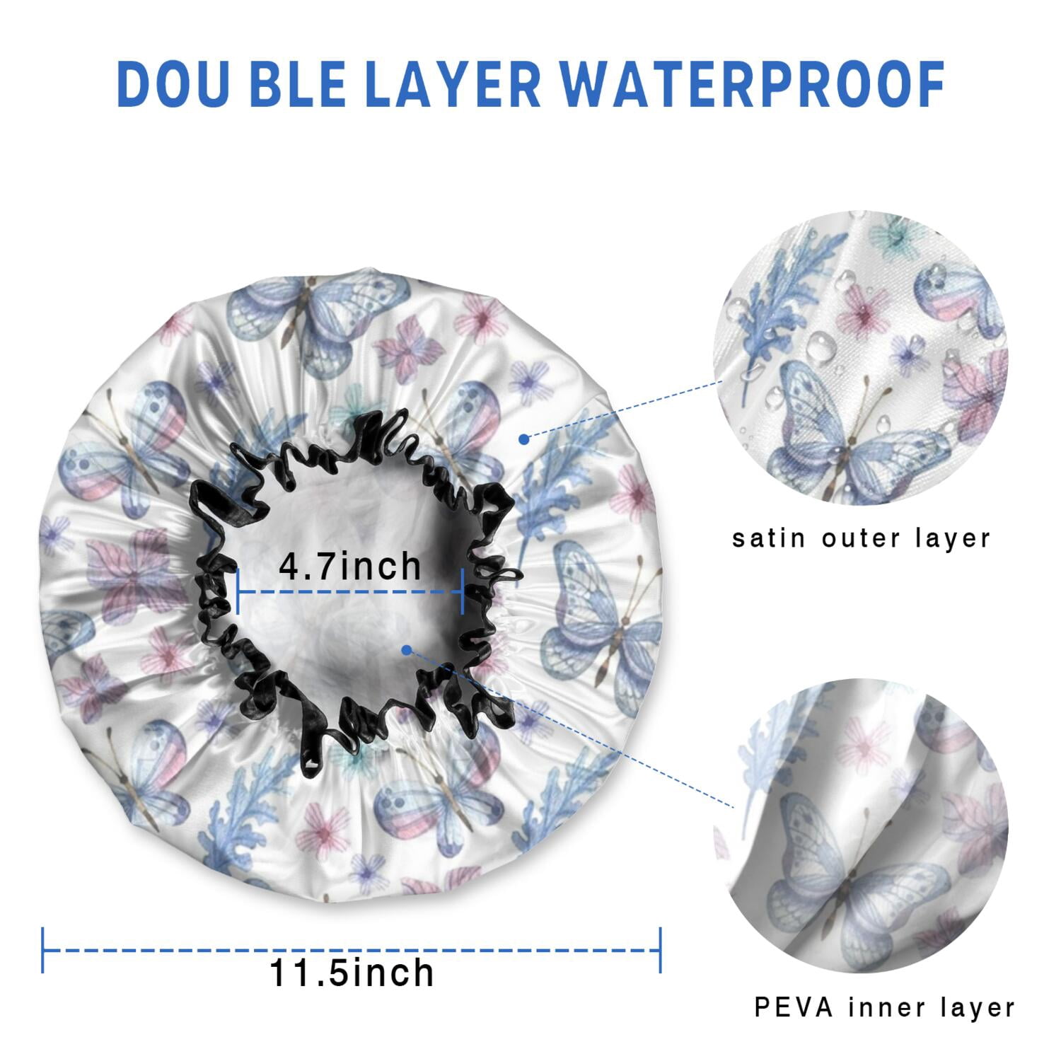 Shower Caps,Watercolor Butterfly Flower Leaf White Pattern Waterproof Shower Cap for Women 4 Pieces,Double Reusable Hair Cover for Shower PEVA Elastic Stretch Hem