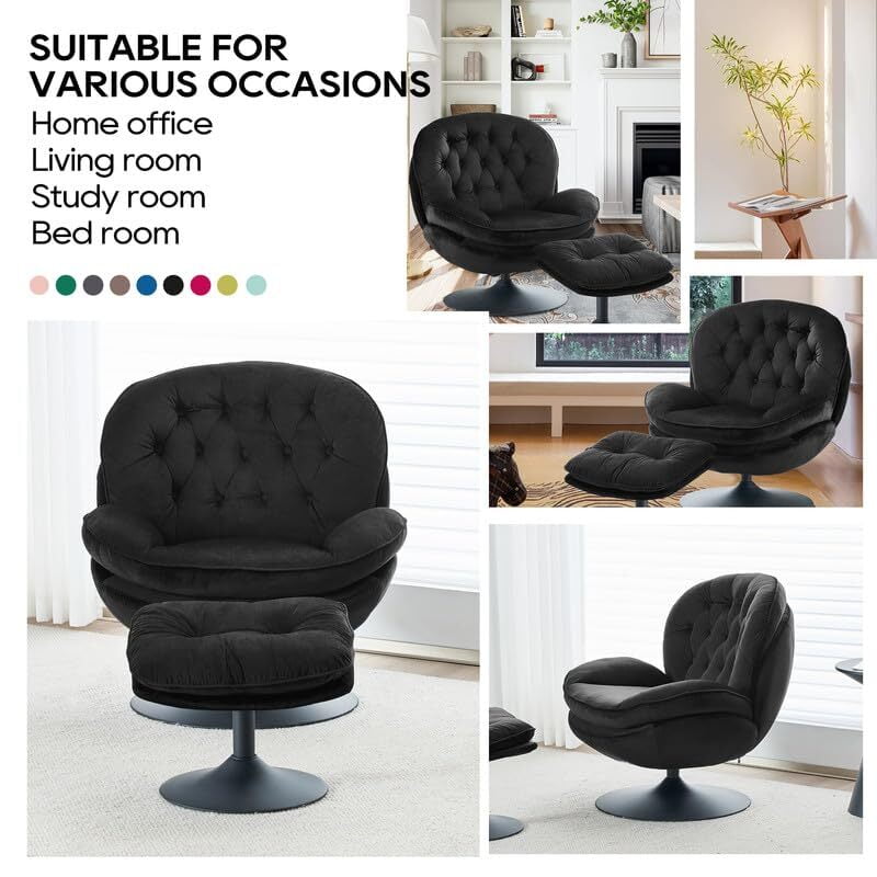Comfort Stretch Velvet Swivel Accent Chair with Ottoman Round Reading Chair with Foot Stool Set Black