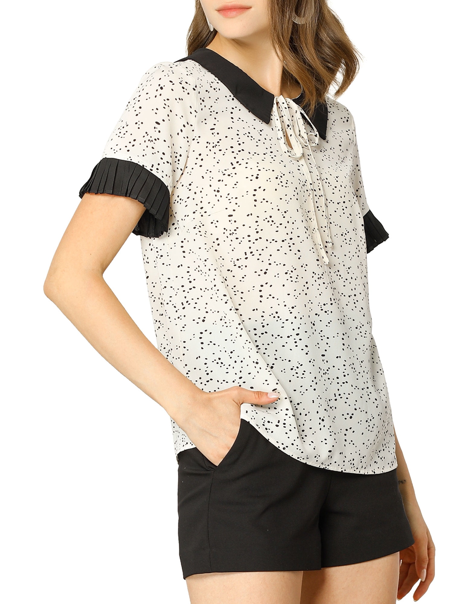 Unique Bargains Women's Polka Dots Contrast Doll Collar Short Sleeves Top S Beige