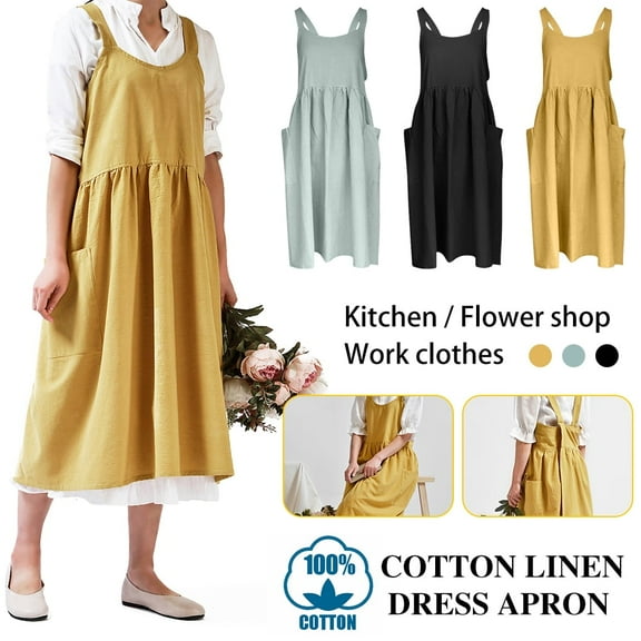 LNKOO Women Girls Vintage Cute Apron Gardening Works Cross Back Cotton/Linen Blend Aprons Pinafore Dress with Two Pockets for Cooking,Baking,Crafting,Flower Arrangement