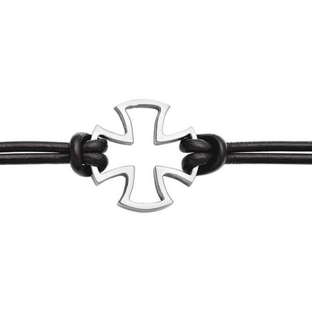 Primal Steel Stainless Steel Polished Cross Black Leather Bracelet, 8.25