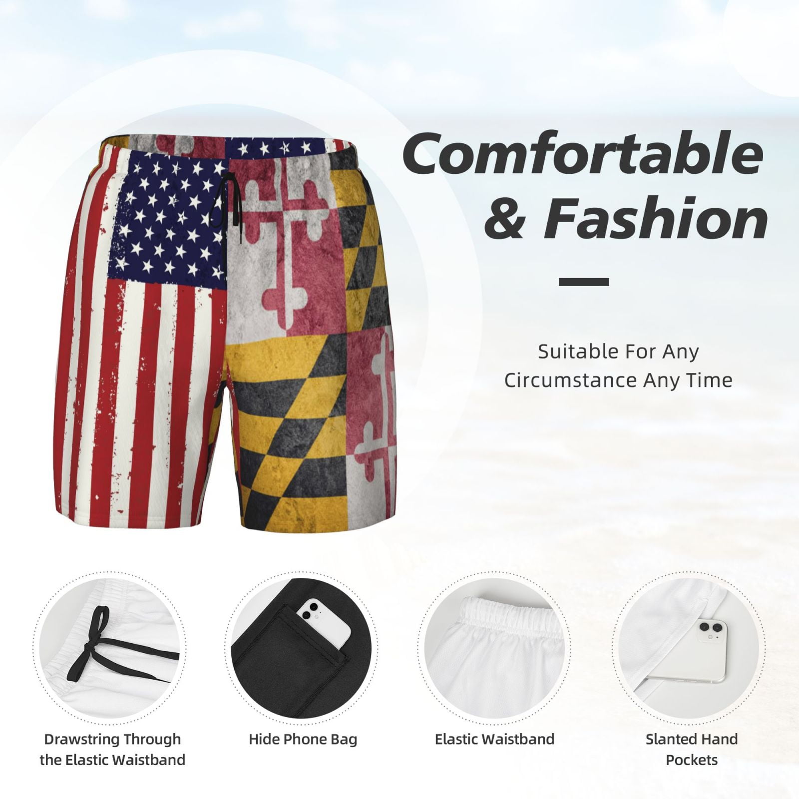 Men's Grunge America Maryland Flag Swim Trunks with Compression Liner Bathing Suit Swimwear