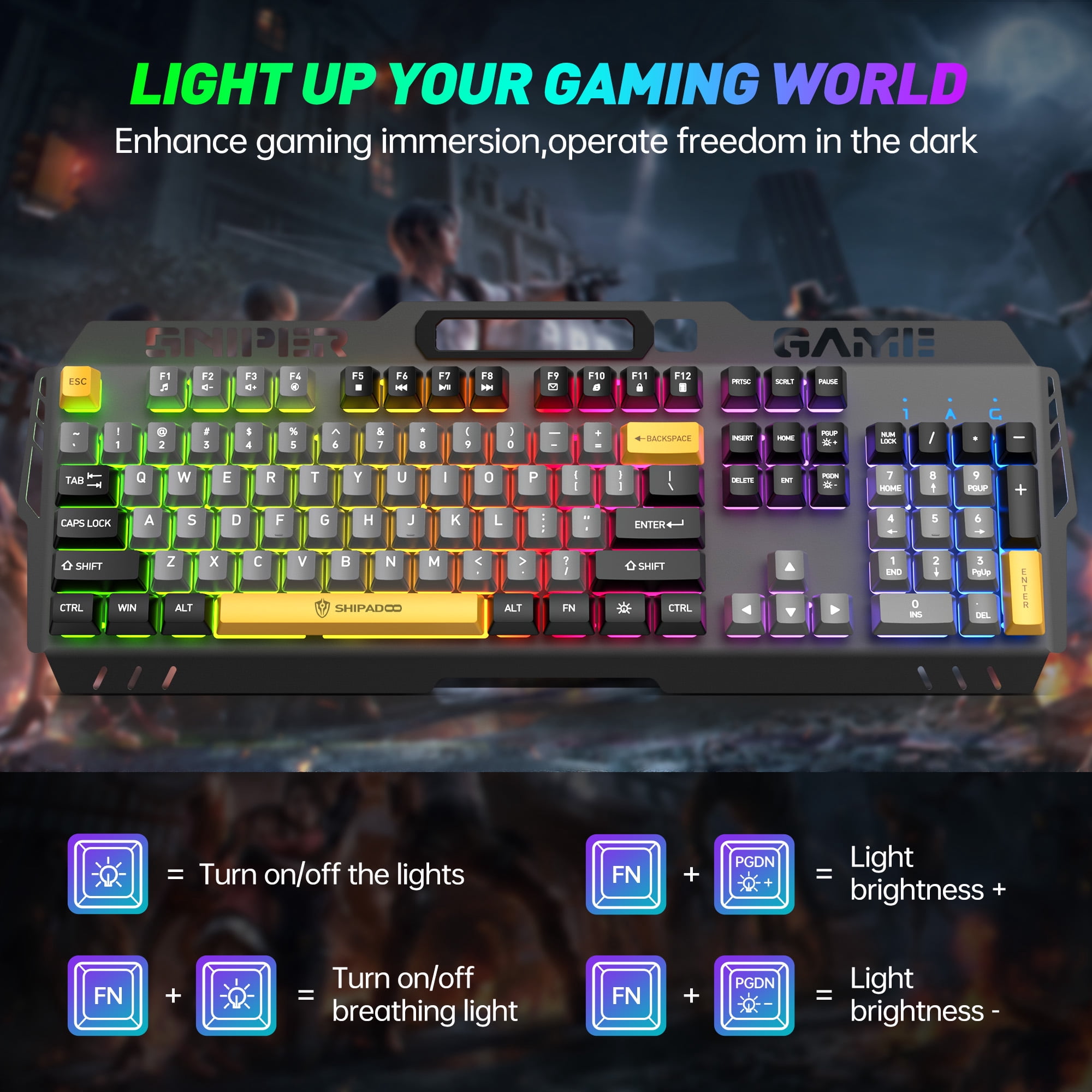 104 Keys RGB Light up Gaming Keyboard, All-Metal Panel & IPX3 Waterproof with Detachable Wrist Rest - USB Wired Computer Keyboard for Windows PC Gamer, Black & Gray