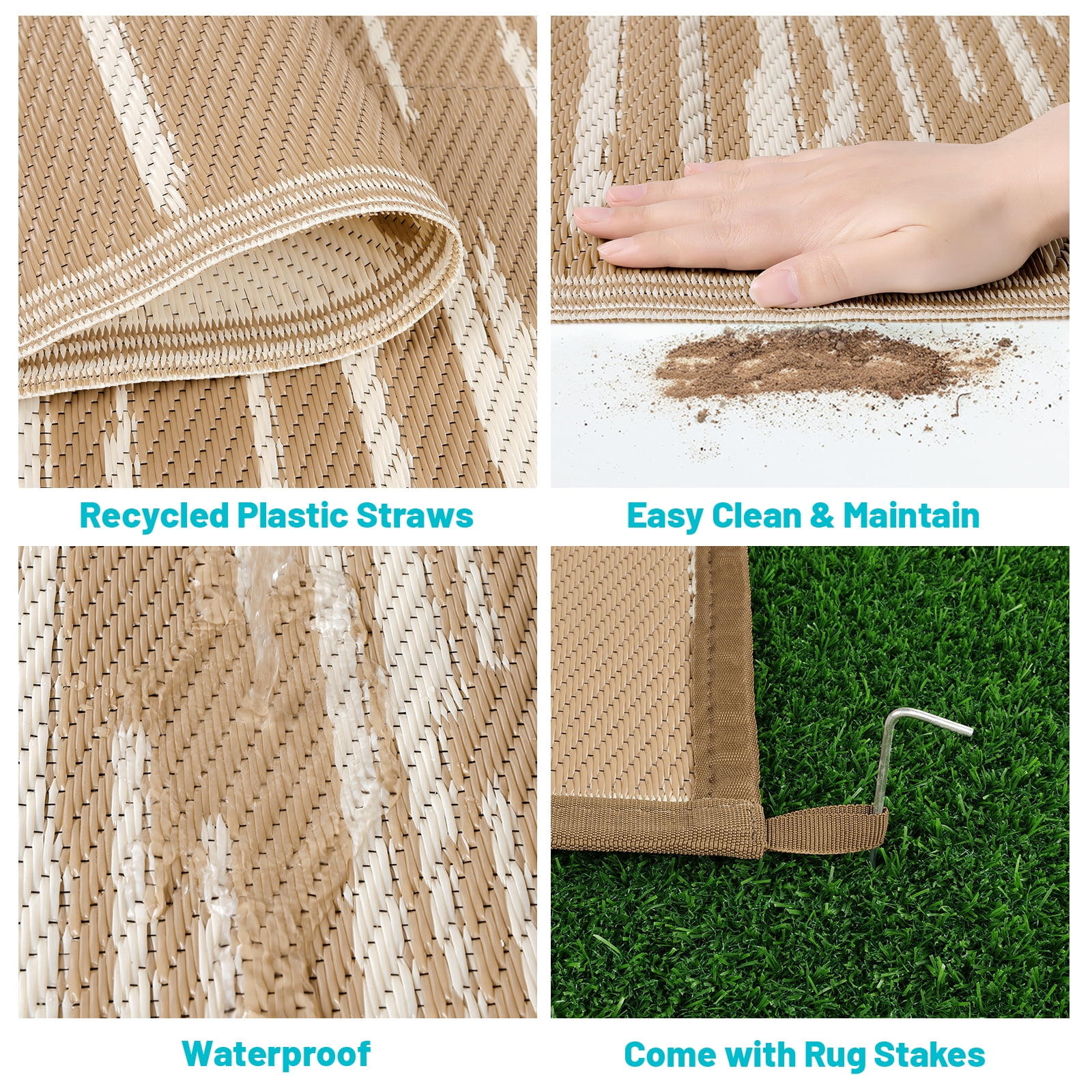 Ileading 9'x 12' Outdoor Rug for Patio Clearance, Reversible Outdoor Plastic Straw Camping Rug, Portable Washable Reversible Mats for Camping, RV, Picnic, Beach, Backyard, Pool Deck