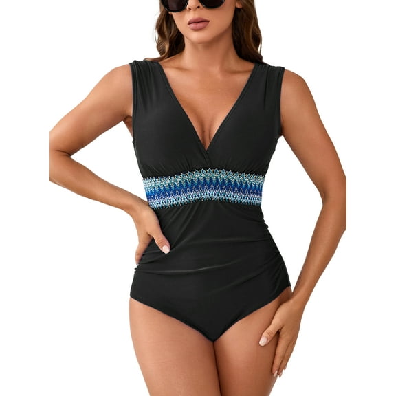 Charmo Women's Retro One Piece Swimsuit Tummy Control Bathing Suit Wide Straps Plunge V Neck Swimwear