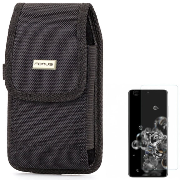 Case Belt Clip w Screen Protector for Samsung Galaxy S20 Ultra - Rugged Holster Canvas Cover, Tempered Glass [Fingerprint Unlock] 3D Curved Edge Full Cover D7N fits Samsung Galaxy S20 Ultra