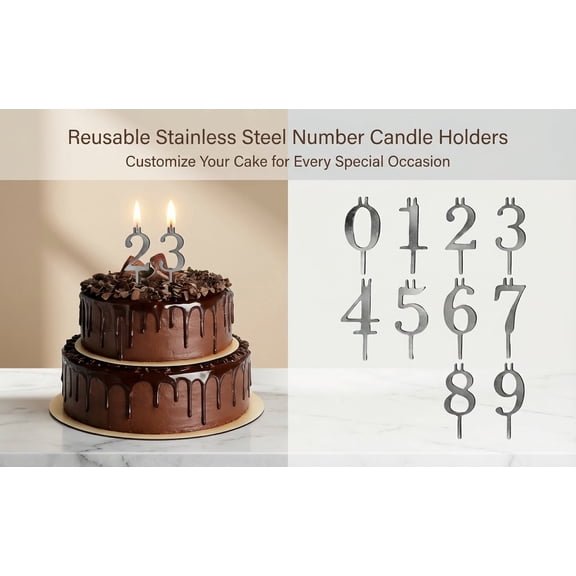 1 Pack Gold Stainless Steel Number Candle Holder Set | Reusable Number Birthday Candle Holders for Cakes | 0-9 Washable Eco-Friendly Cake Candle Stands