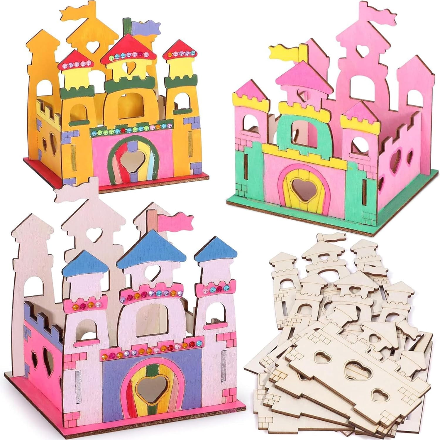 12 Sets DIY Wooden Princess Castle Craft Bulk Donate Pack for Kids, Cardboard Castle with 12 Acrylic Paints & Brushes, Ideal for Girls Birthday Party Church Christmas Donation