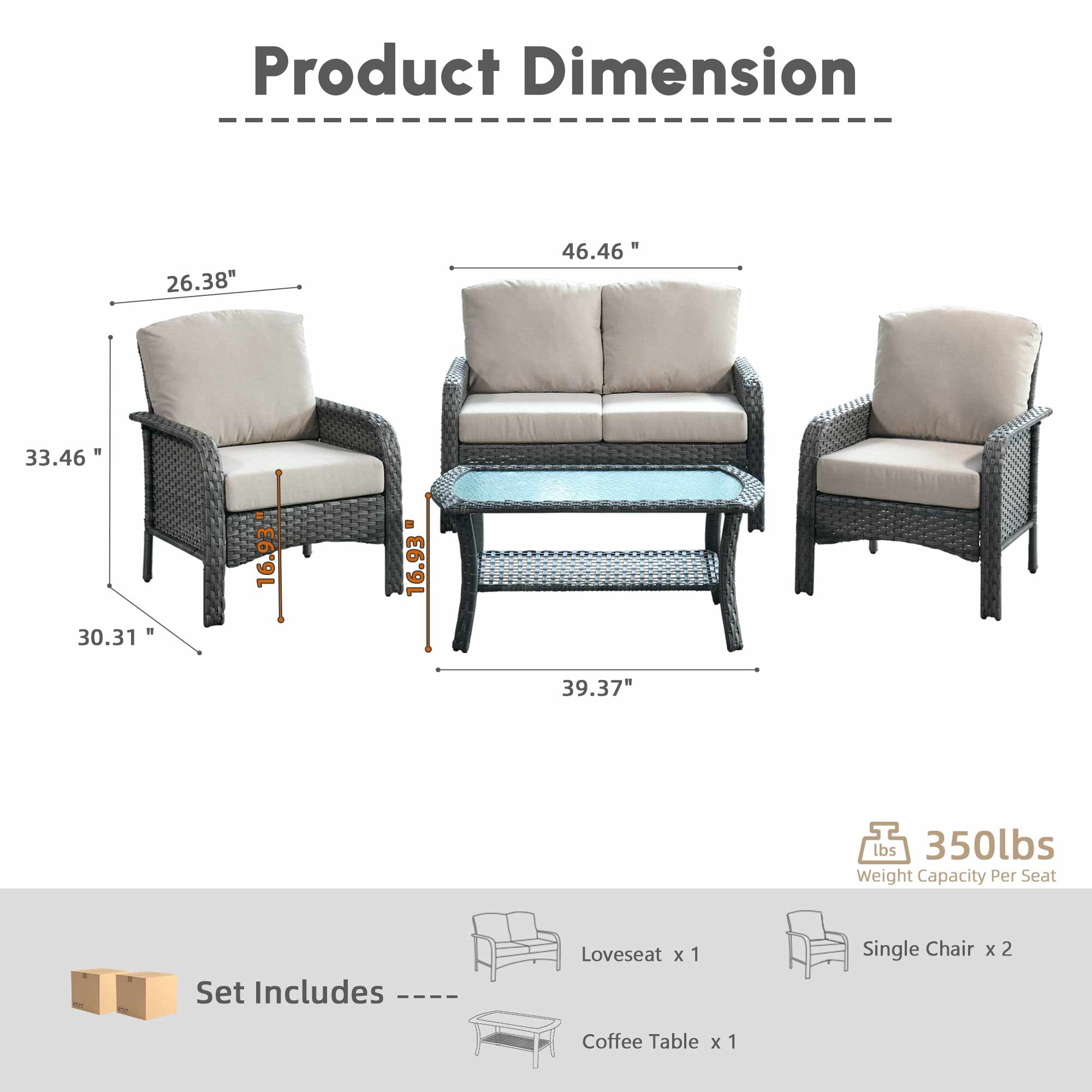 Ovios 4 Pieces Patio Furniture Outdoor Sectional Set Modern High Back All Weather Wicker Conversation Set with Coffee Table for Garden, Backyard, Beige