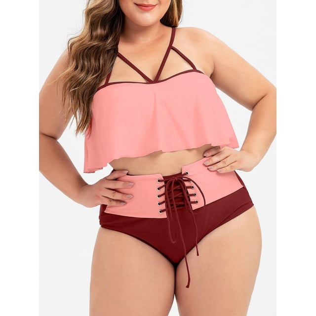 Volante de tiras con cordones más el tamaño de traje de baño bikini Rosegal Abrigos de talla grande
