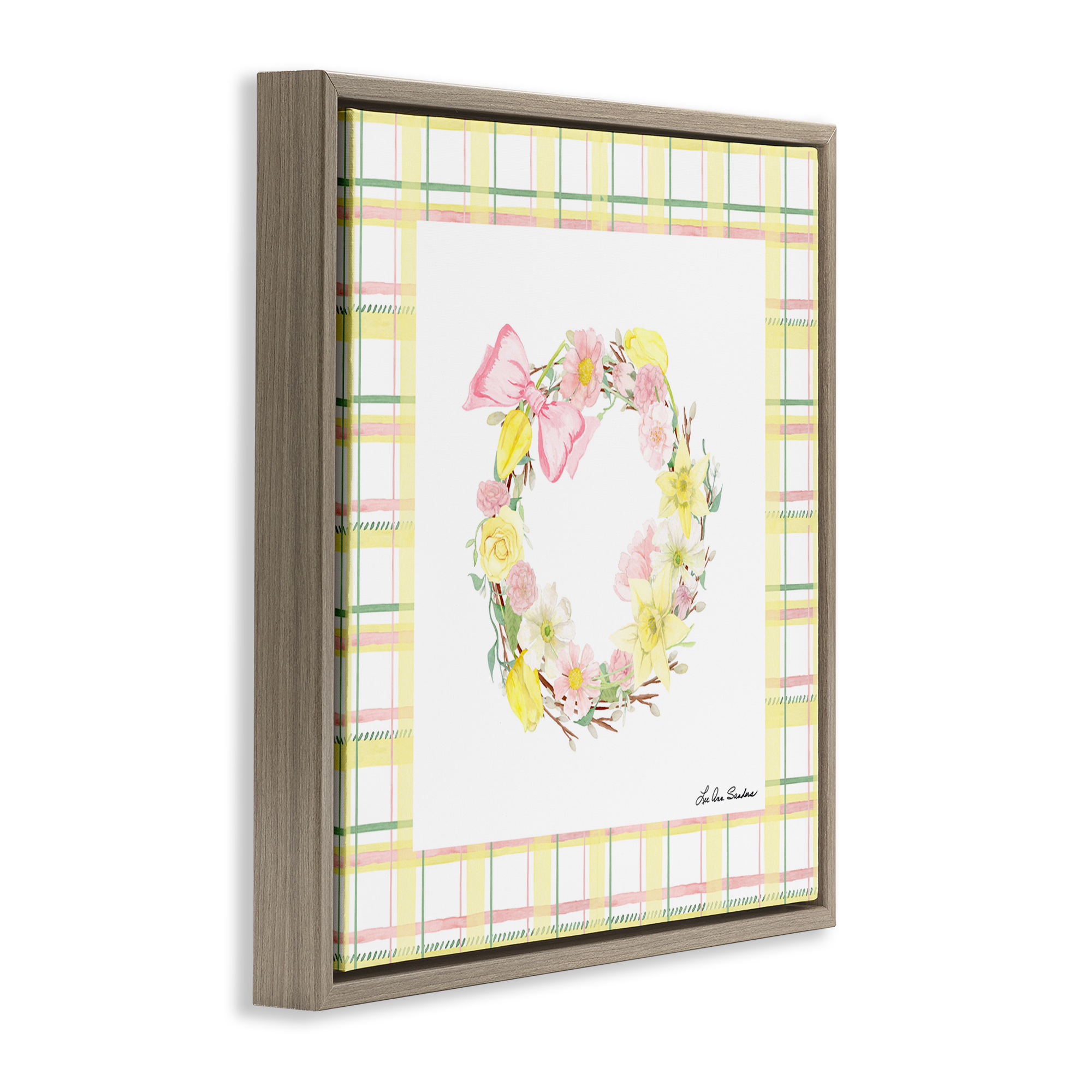 Wreath in Spring Pastels Brown Framed Floater Canvas Wall Art, design by Lee Ann Sanders