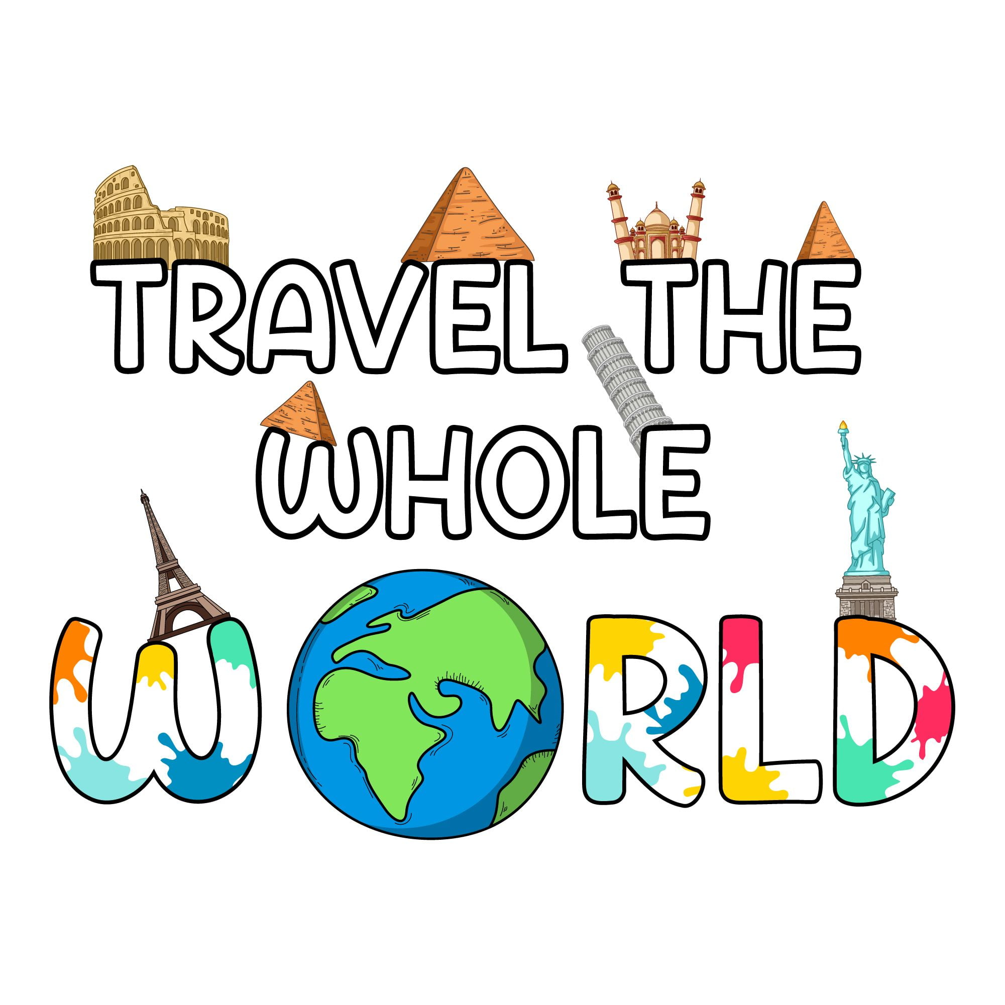 Home Wall Decal - Travel the Whole World - Cute Travelling Design Cute  Seven Wonders of World Around the Globe - Proudly Hand Made Decal - Size:  20 In(W) x 14 In(H) - Walmart.com, image size:2001x2001