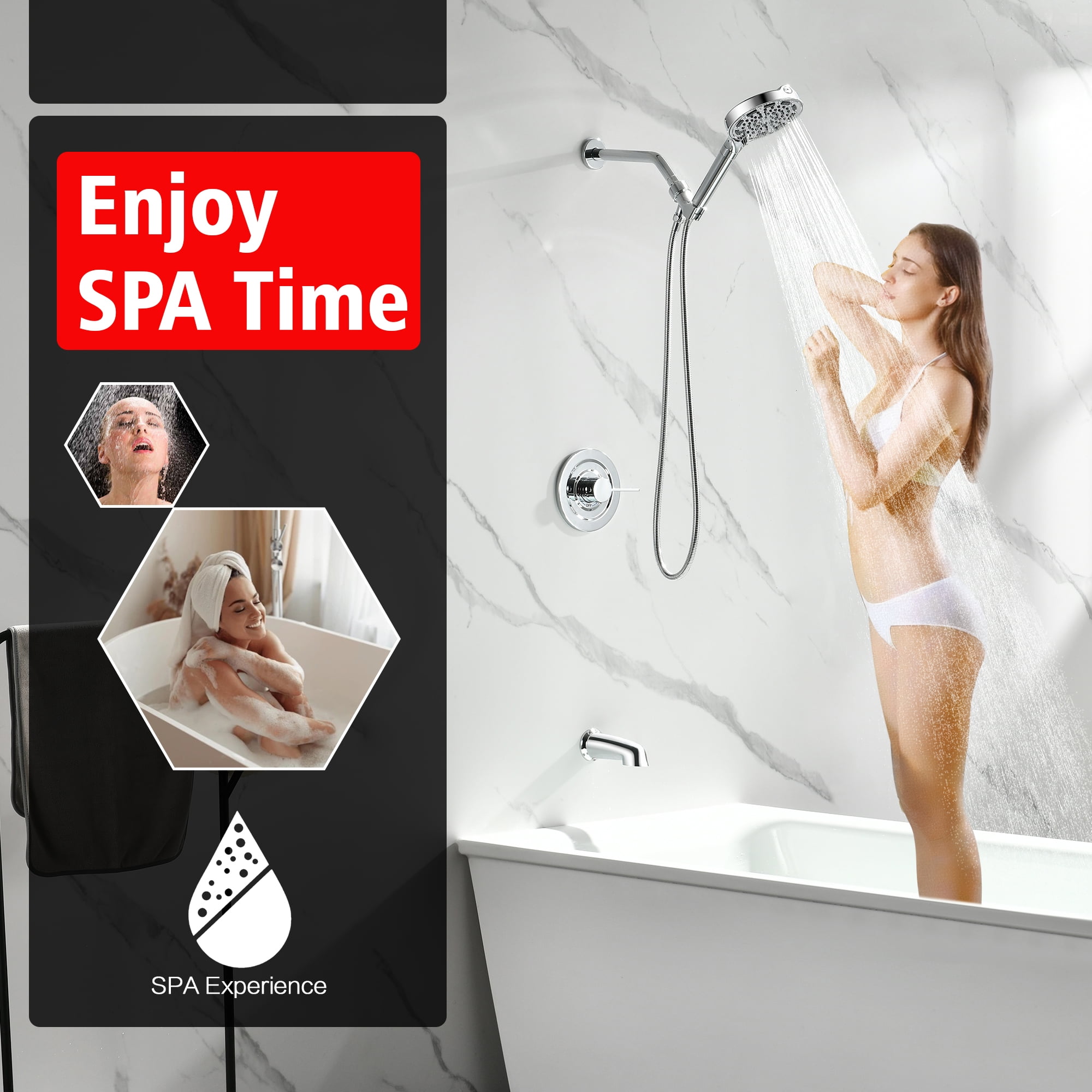 SUMERAIN Modern Bathtub Shower Faucet Set with 6-Spray Filtered Handheld Shower, High Flow Shower System Set Chrome Finish