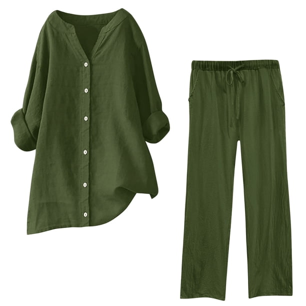 Conjuntos de 2 piezas para mujer: conjunto de blusa ancha y pantalones elásticos, camisa informal con cuello en V y pantalones para llevar en la calle o en la playa, poliéster, corte holgado, talla