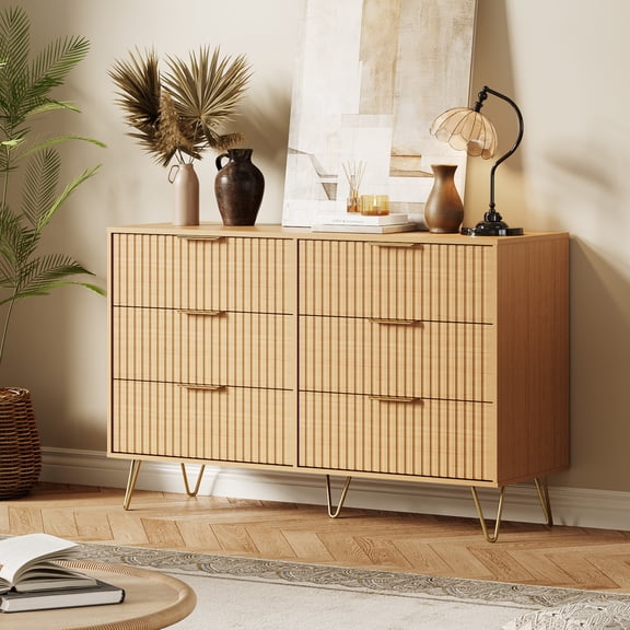 DSstyles 6 Drawer Dresser Fluted Dresser for Bedroom,47" Wooden Chest Of Drawers Modern Dresser for Closet,Natural Oak Dresser
