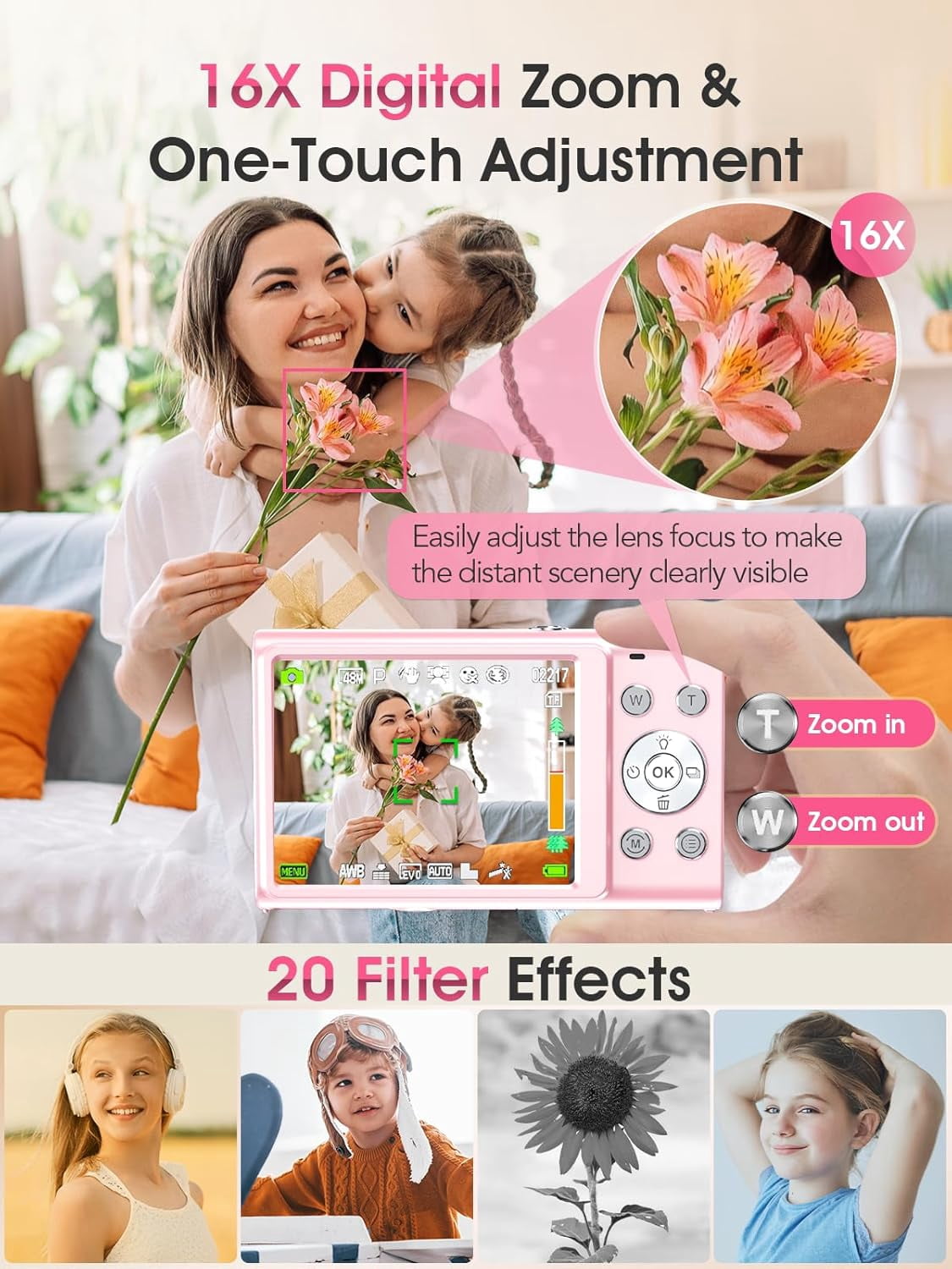 Digital Camera,Autofocus 4K Vlogging Camera for Photography with 32GB Card,48MP Portable Compact Point and Shoot Digital Camera for Teens Adult Beginner with 16X Zoom,Anti-Shake,2 Batteries(White)