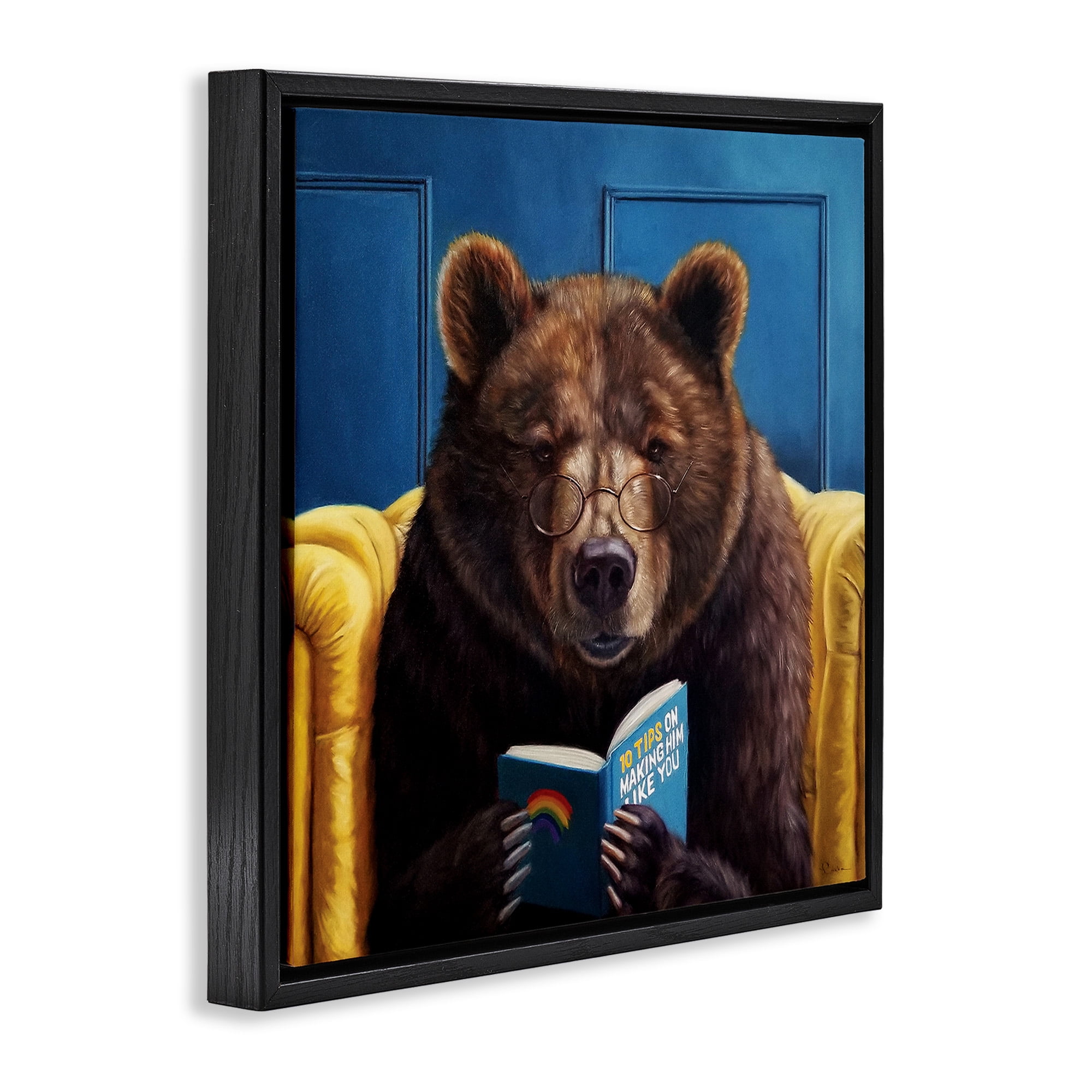 Stupell Industries Brown Bear Reading Dating Book Animals & Insects Painting Black Floater Framed Canvas Art Print Wall Art, 18 x 18