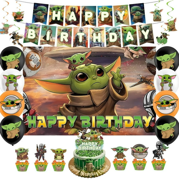 Cartoon Yoda themed birthday party supplies decorations, set includes birthday banner, backdrop, balloons, hanging swirls, cake decorations, suitable for boys and girls themed party supplies