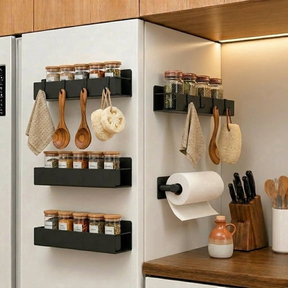 Modern Madame 5 Piece Magnetic Storage Set, Strong Magnet Portable Reusable Black Carbon Steel Spice Rack with Paper Towel Holder & Hooks for Fridge RV Grill