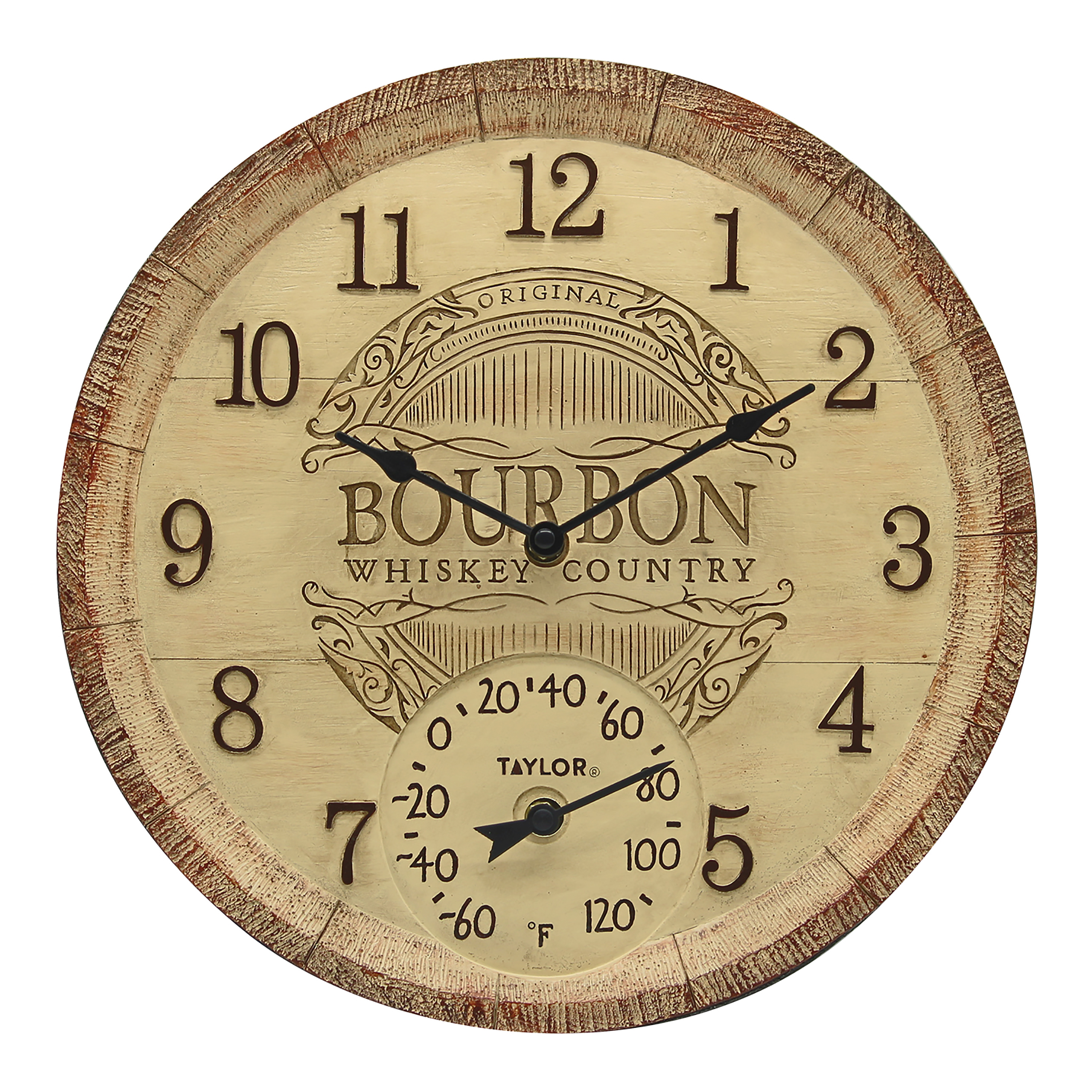 Taylor 14" Bourbon Barrel Clock with Thermometer
