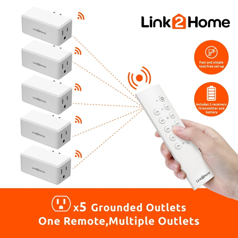 Link2Home Wireless Remote Control Electrical Outlet Switch for Household  Appliances and Electronics; 5 Outlets, 2 Remotes 