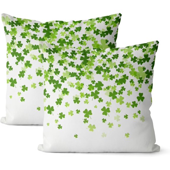 St Patricks Day Pillow Covers 18x18 Inch Set of 2, Lucky Green Shamrock Throw Pillows Seasonal Spring Decor Square Pillowcase Clover Farmhouse Outdoor Cushion Case Decorations for Home Party