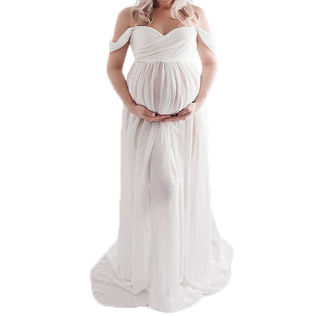 Julyccc Robe Maxi de Maternité à Épaules Dénudées avec Fente avant pour Séance Photo