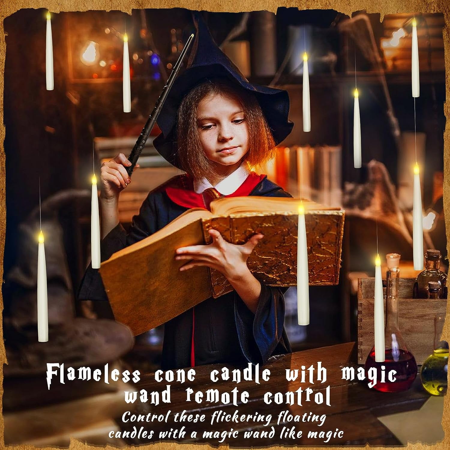 10PCS Floating Candles with Wand, Magic Hanging Candles, Flickering Warm Light LED Flameless Candles with Wand Remote, Halloween Candles Decor Indoor Theme Party