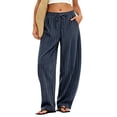 thumbnail image 6 of Petite Linen Pants for Women Striped Casual Comfy Elastic Waist Linen Drawstring Pants Y2k Baggy Flowy Lightweight Work Trousers Navy M, 6 of 6