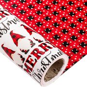 Christmas Red Wrapping Paper Jumbo Roll, Merry Christmas Lettering, Gnome & Red-black Buffalo Plaid Reversible Design for Festive Winter Holiday, Family Gathering, 30 in x 100 ft(250 sq.ft.)