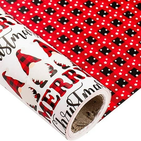Christmas Red Wrapping Paper Jumbo Roll, Merry Christmas Lettering, Gnome & Red-black Buffalo Plaid Reversible Design for Festive Winter Holiday, Family Gathering, 30 in x 100 ft(250 sq.ft.)