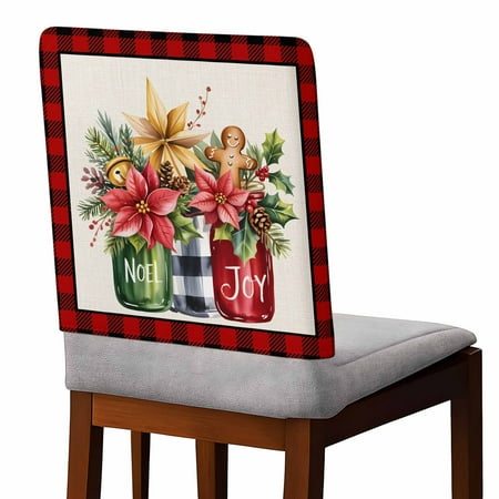 Poinsettia Vase Chair Covers Set of 6 Christmas Holly Berry Gingerbread Man Vases Red Plaid Chair Back Covers Stretch Removable Washable Slipcovers Protector for Dining Room Kitchen Party Decor