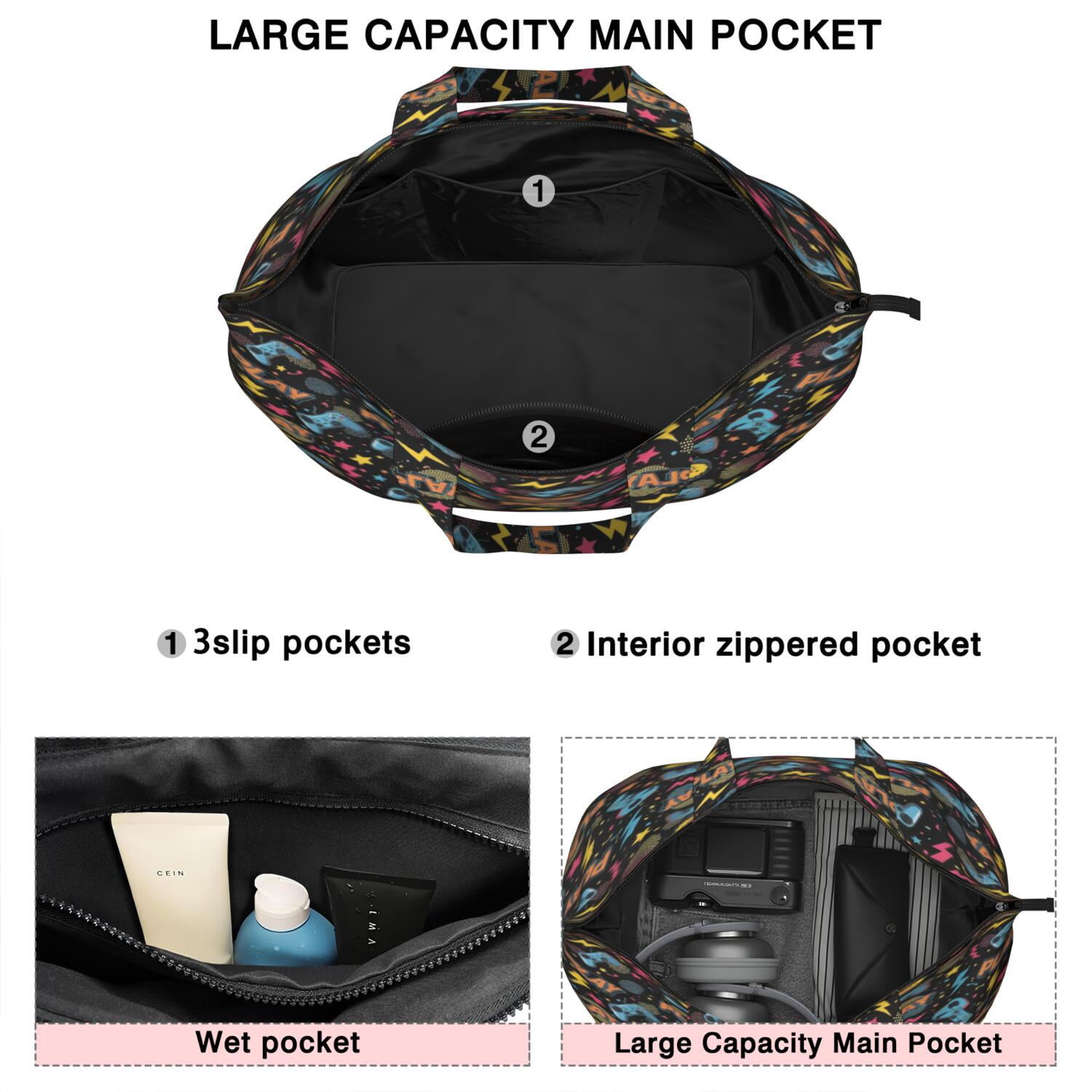 Colorful Controllers Games Shapes Black Pattern Travel Tote Bags for Women Carry On,Large Weekender Bags for Women Travel,Multi Functional Duffle Bag for Work,Shopping,Sports