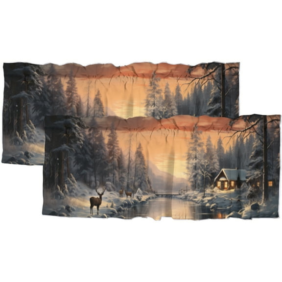 Rustic Cabin Deer Valance Curtain for Kitchen Moose Country Farmhouse Winter Snowy Forest Window Valance for Living Room Bedroom, Kitchen Valance Rod Pocket Window Curtain 54 by 18 in, 2 Panel