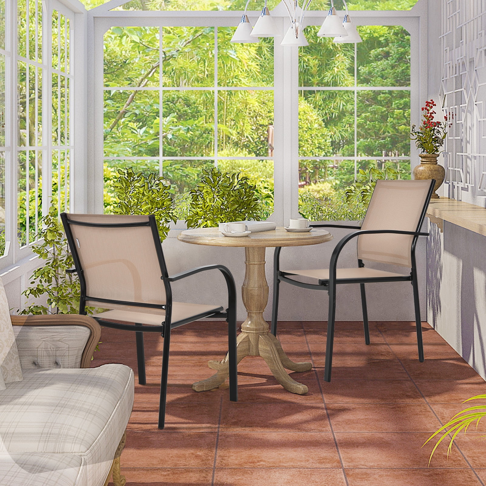 Topbuy 2PCS Outdoor Dining Chairs Stackable Chairs w/Armrests & Breathable Fabric for Balcony Garden & Patio