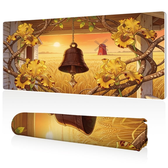LIVEKEY Extra Large Mouse Pad 80x40x0.3cm Rural Field with Bell Irises and Windmill Design Full Desk Coverage Non Slip Surface Durable Easy Clean Stitched Edges for Gaming and Office