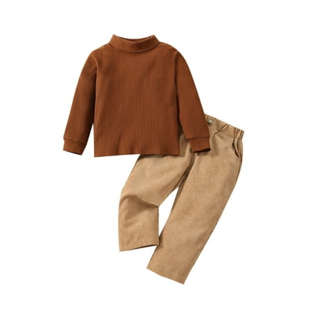

Toddler Kids Boys 2 Pieces Outfits Knitted Ribbed Turtleneck Long Sleeve Pullover Tops + Corduroy Pants Set