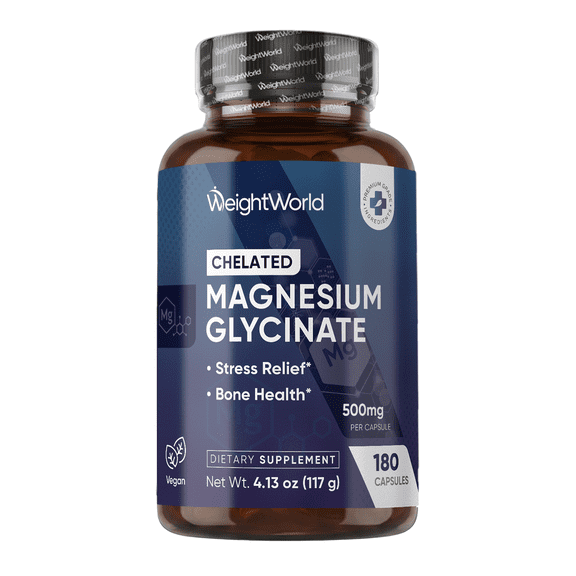 WeightWorld Magnesium Glycinate 500 mg Mineral Supplement, 150 mg Elemental Magnesium, Stress Relief and Bone Health, Vegan Capsules, 180 Count